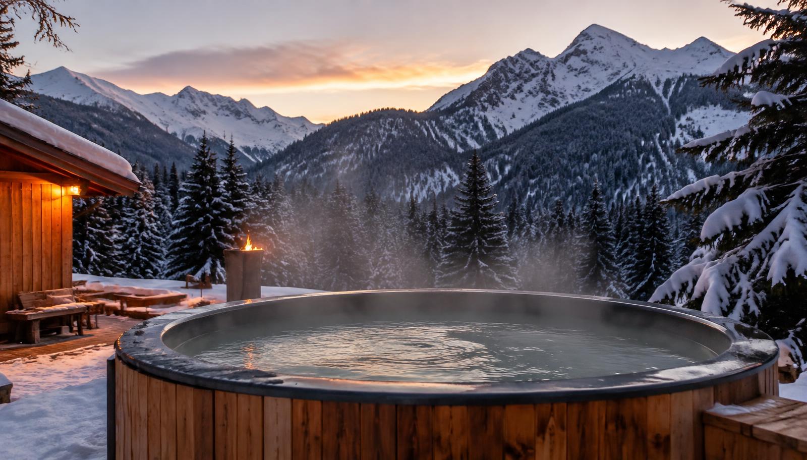 Bain nordique extérieur fumant face aux montagnes enneigées de Haute-Savoie