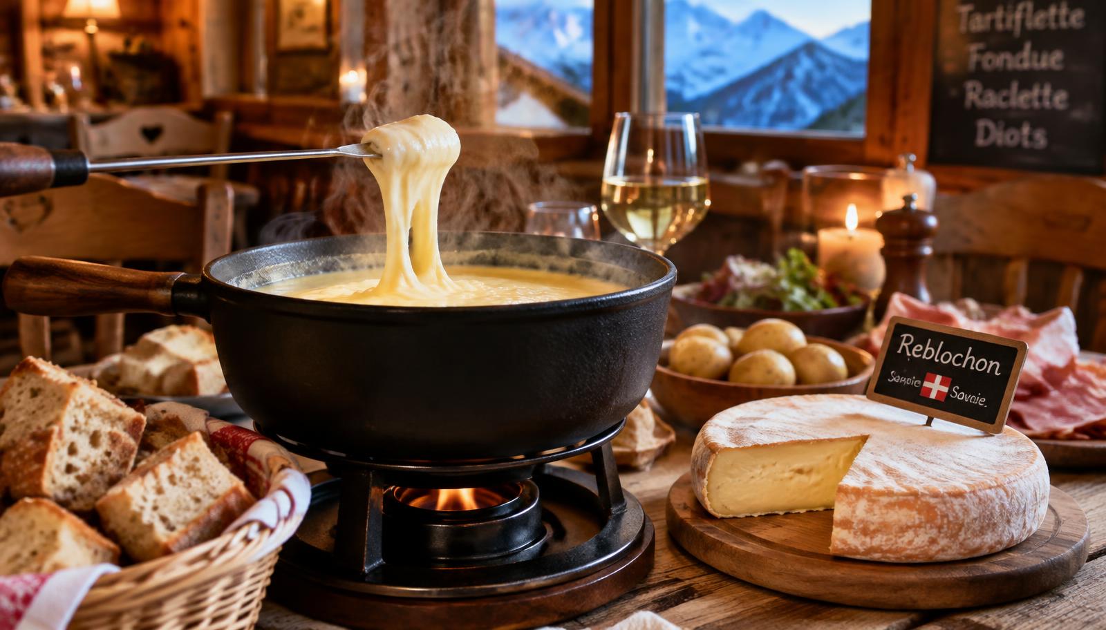 Fondue savoyarde et reblochon sur une table en bois d'un restaurant de montagne