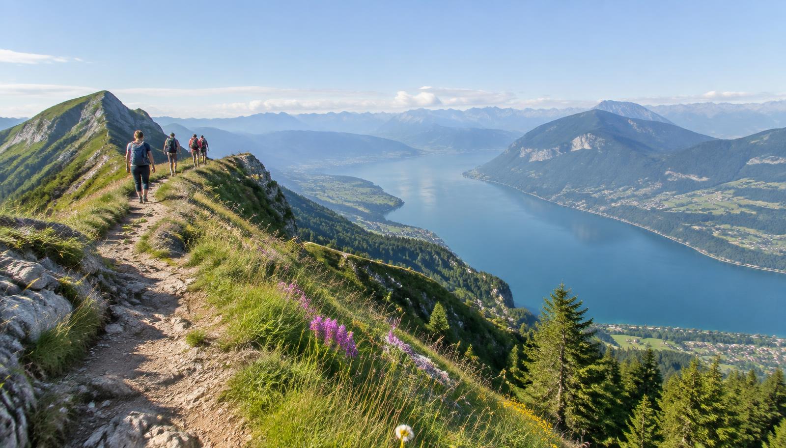 Randonneurs sur une crête dominant le lac d'Annecy en Haute-Savoie